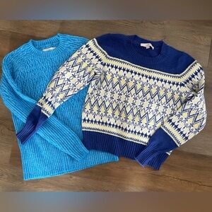 LOFT Blue & Turquoise Fair Isle Crewneck Sweater